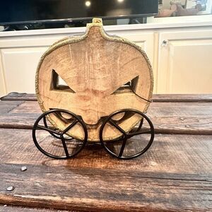 NWT Halloween Pumpkin Wood Set Of 4 Drink Coasters With Wagon Metal Holder
